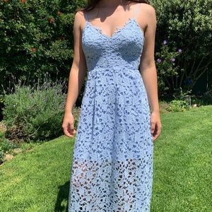 Detailed tea length baby blue dress